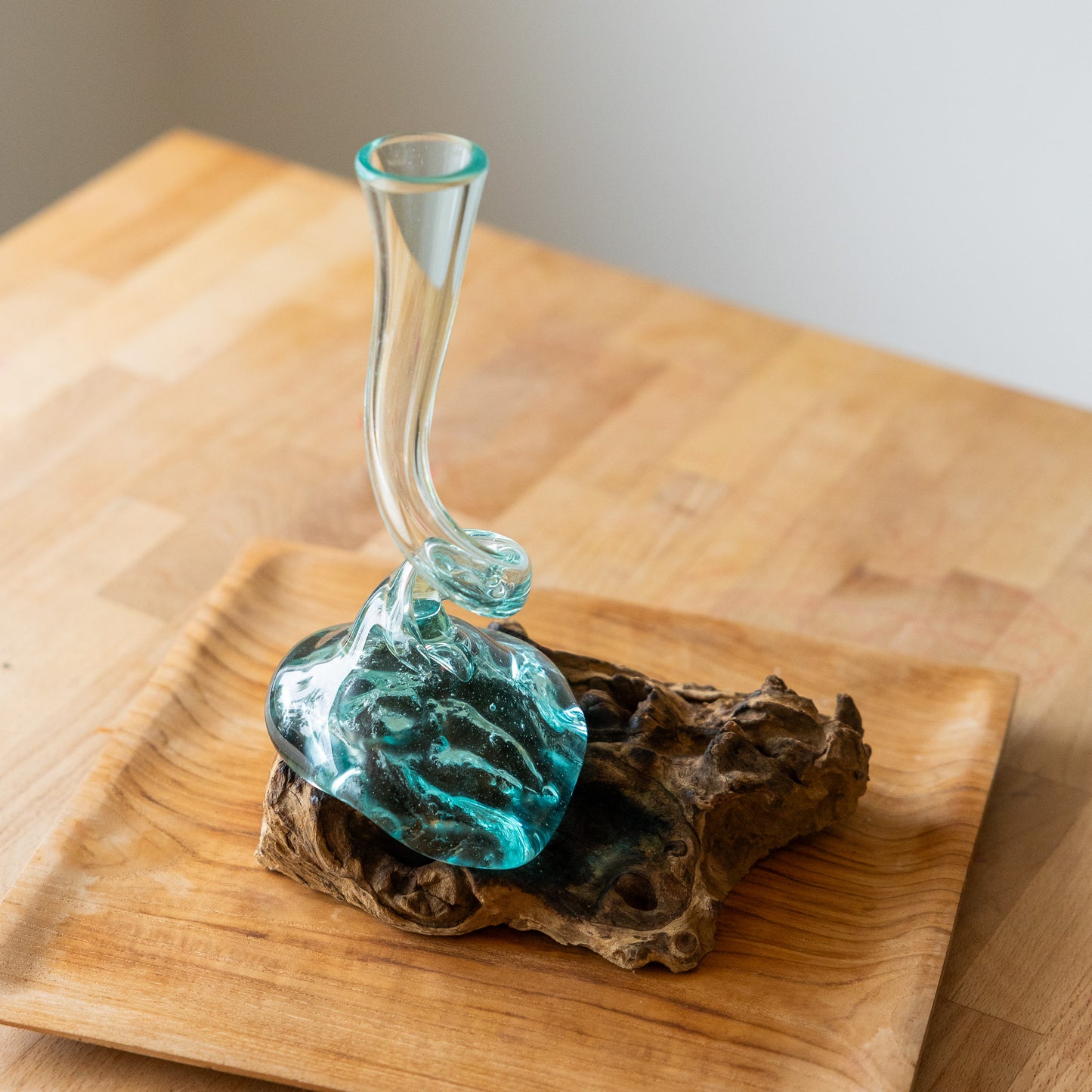 Twisty Molten Glass Skinny Vase on Gamal Root Base