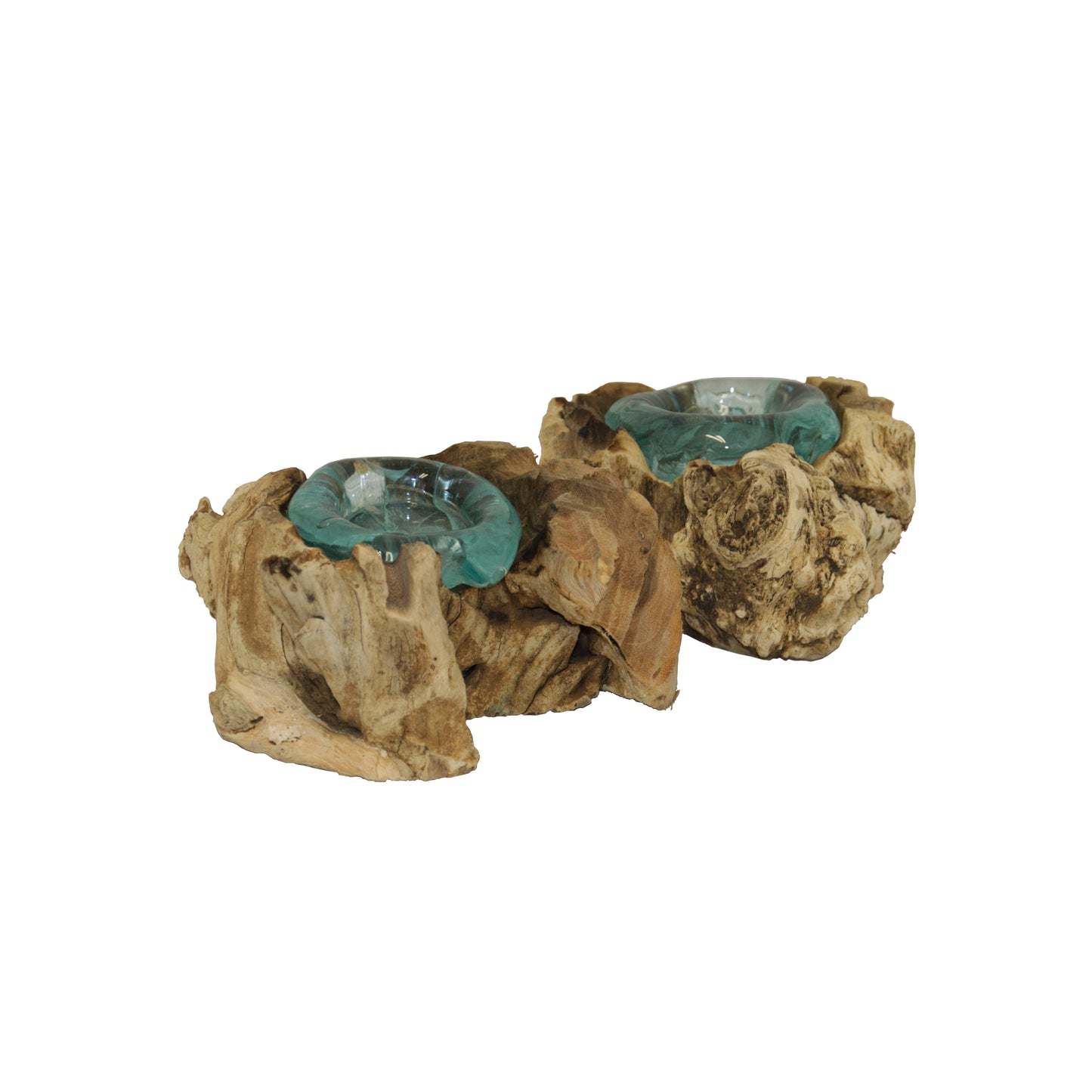 Set of Two Molten Glass Candle Holders on Gamal Root Base