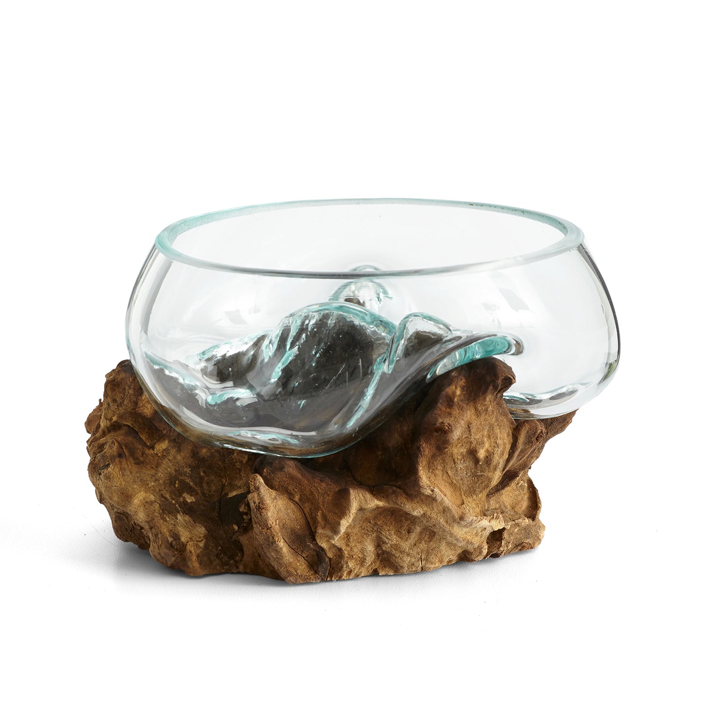 Open Mouth Molten Glass Bowl on Gamal Wood Base - 6 Sizes