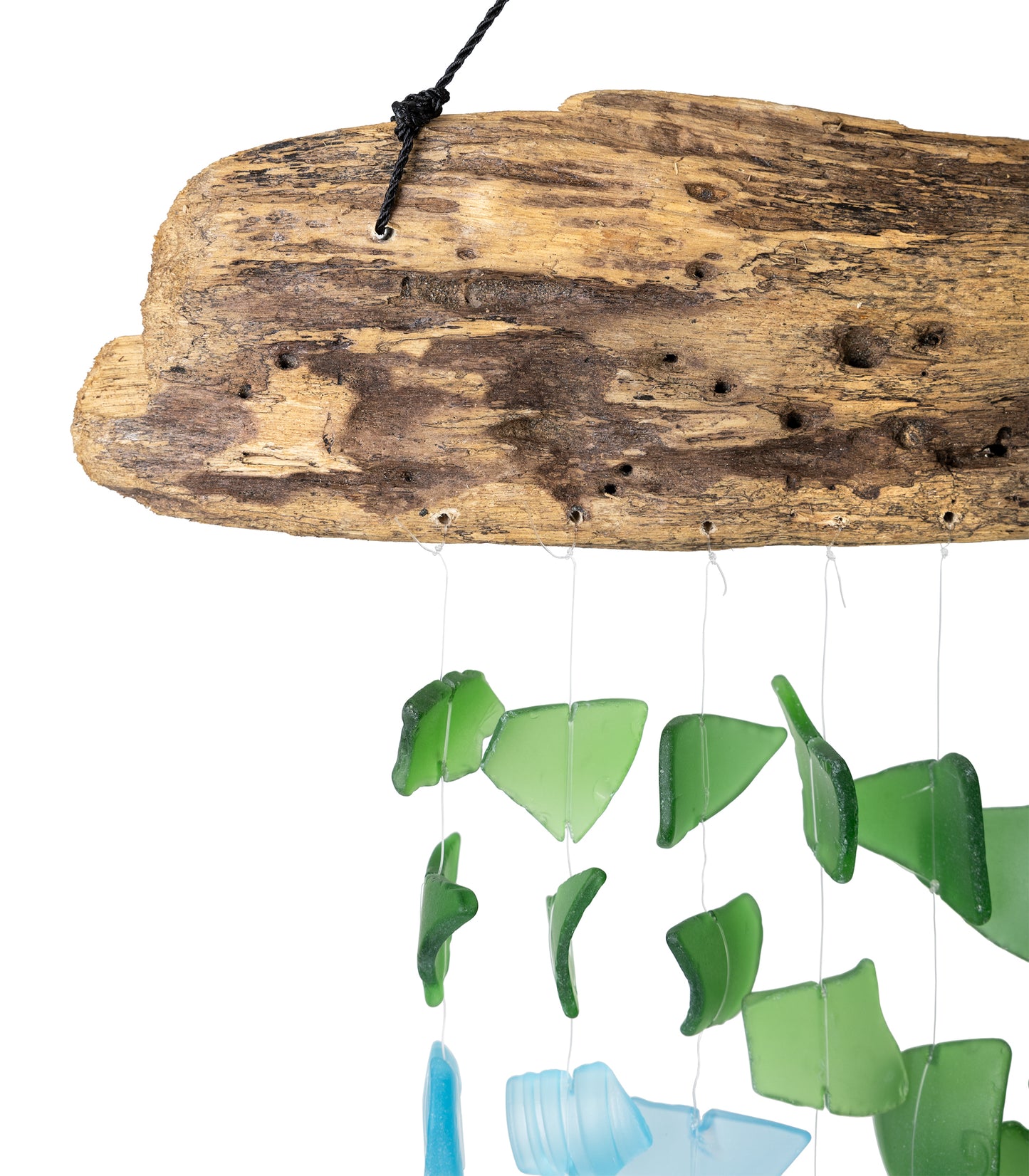 Driftwood & Upcycled Glass Chime - Aqua, Turquoise, Green