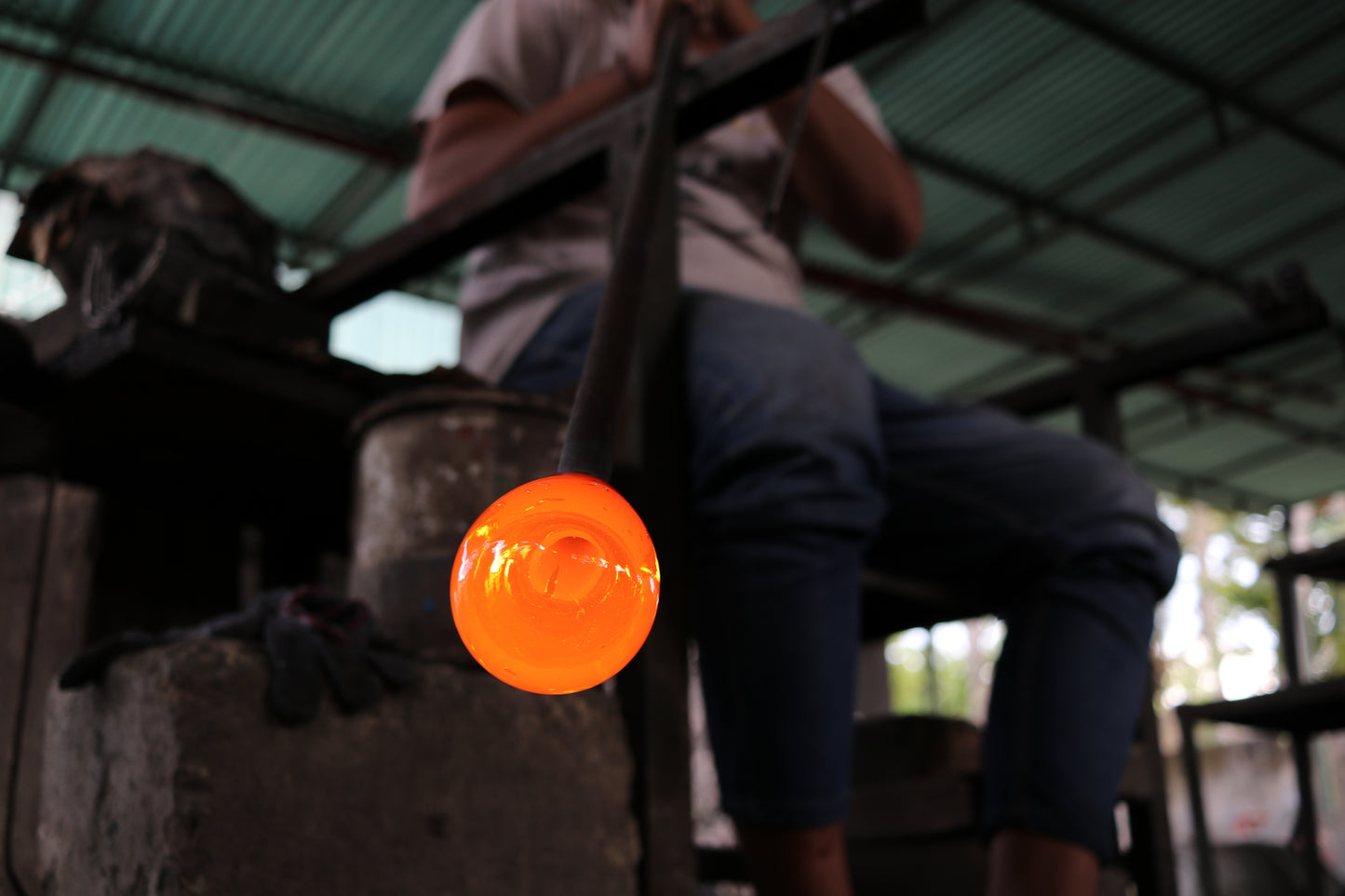 Large Molten Glass Bowl on Gamal Wood Base