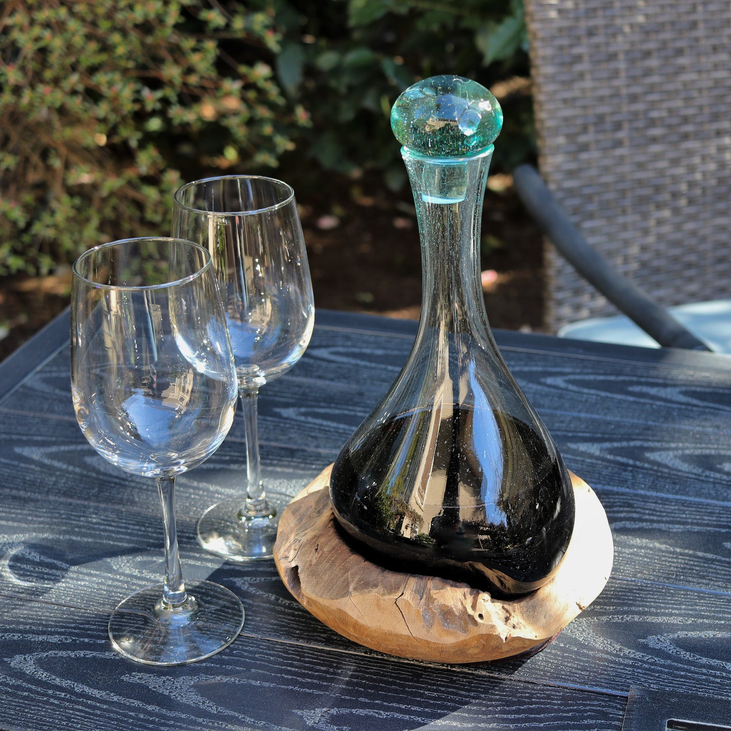 Hand Blown Glass Vase & Decanter on Teak Wood Base