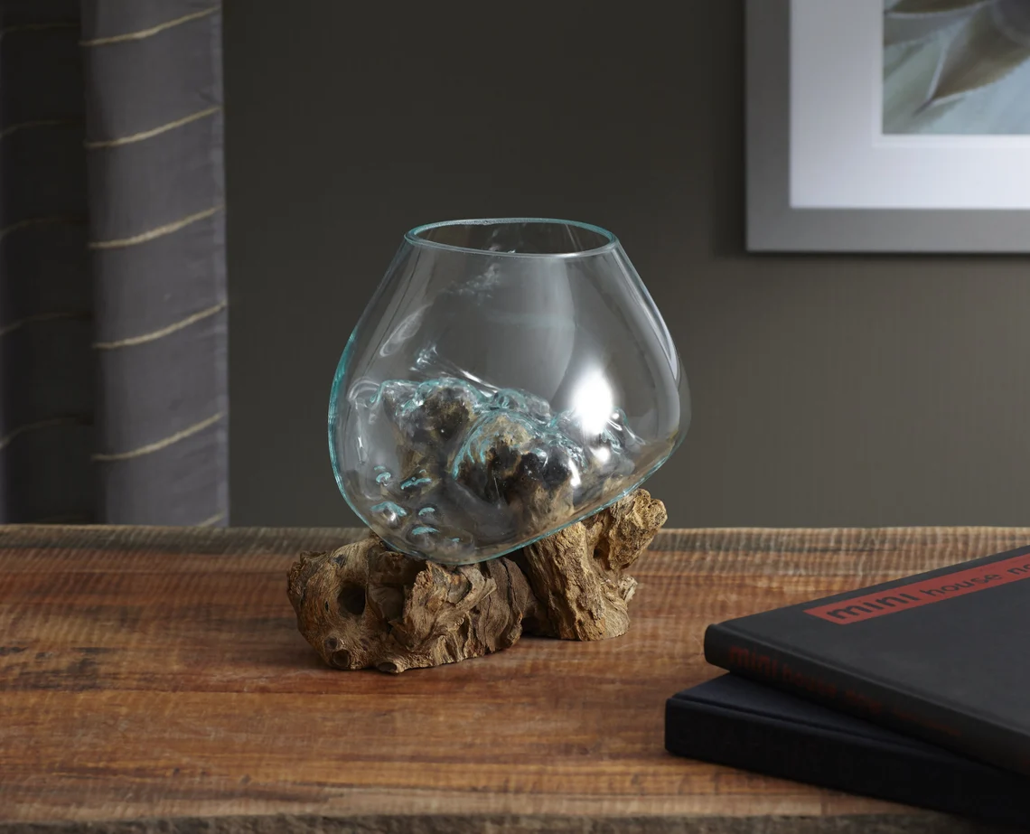 Molten Glass Bowl on Gamal Wood Base