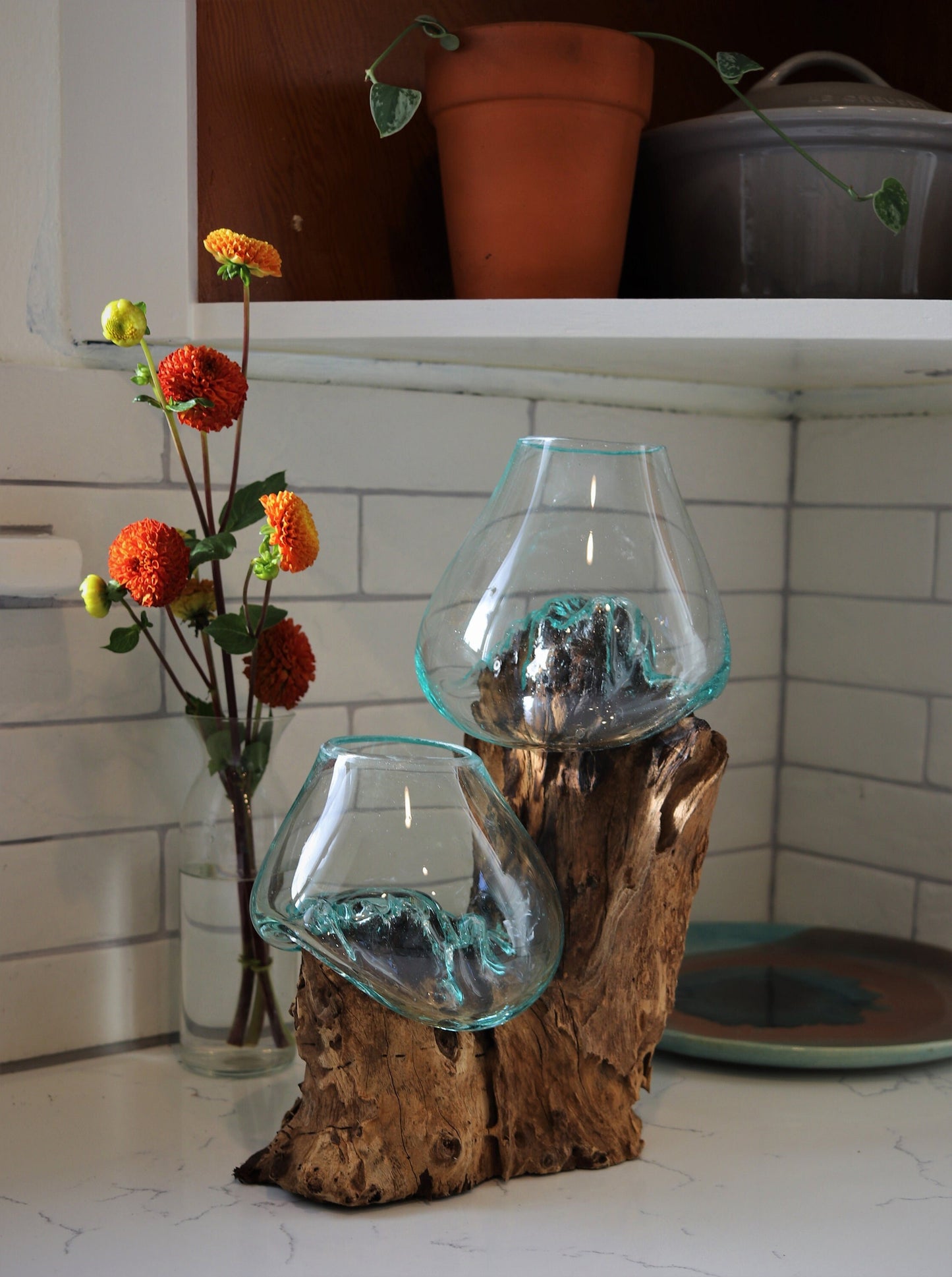 Double Molten Glass Bowl Display on Gamal Wood Base