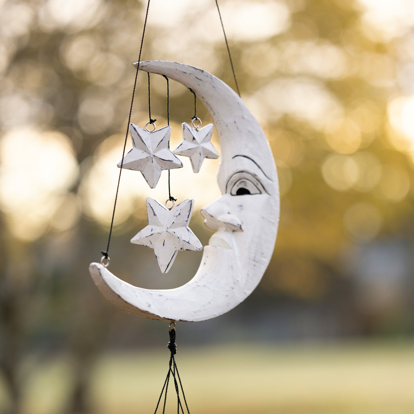 Distressed White Crescent Moon & Stars Bamboo Wind Chime