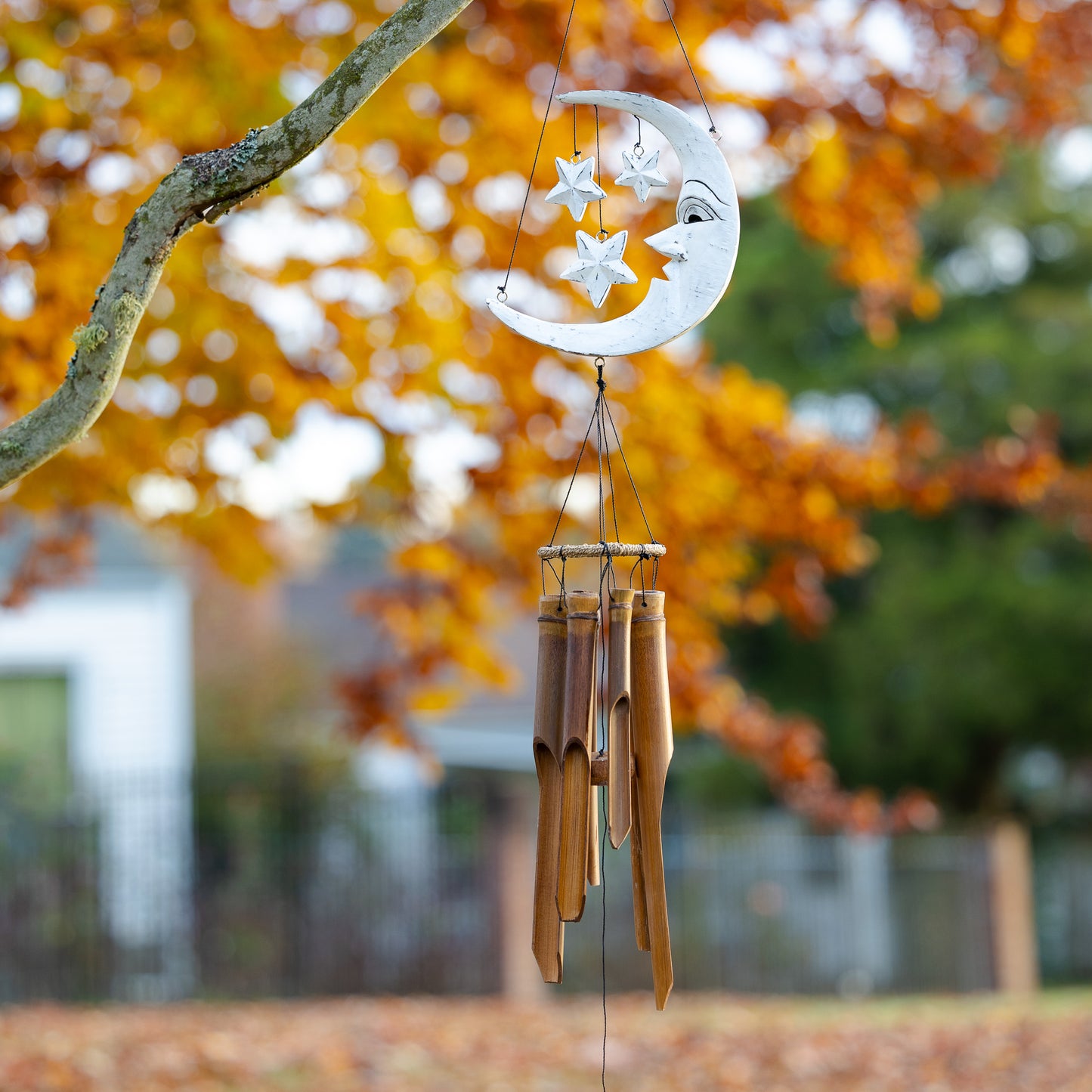 Distressed White Crescent Moon & Stars Bamboo Wind Chime