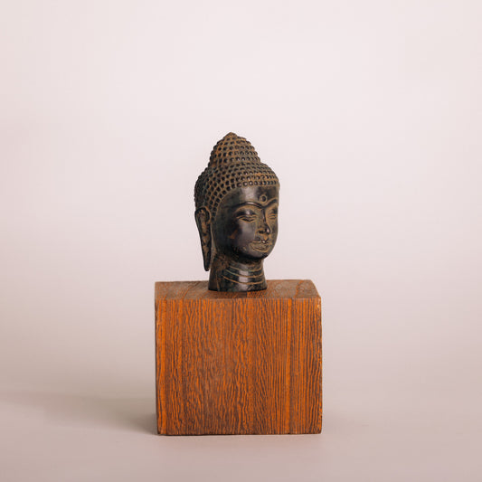 Bronze Buddah Head Statuette - Dark Green and Tan