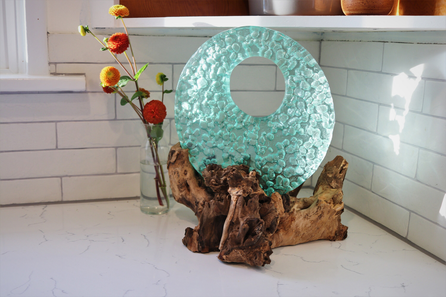 Decorative Glass Disk on Gamal Wood Base