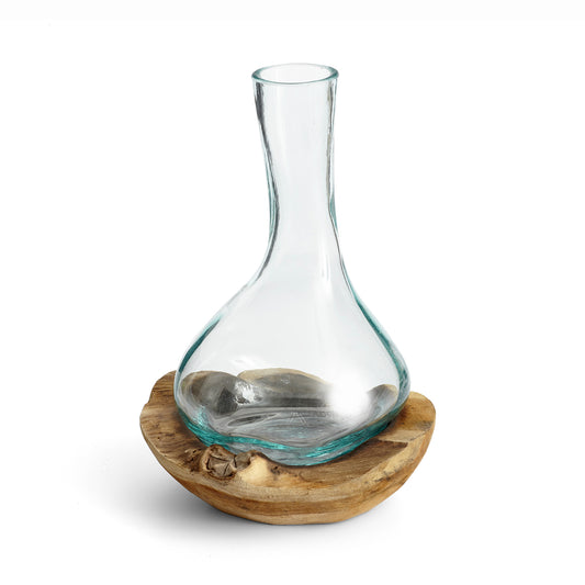 Hand Blown Glass Vase & Decanter on Teak Wood Base