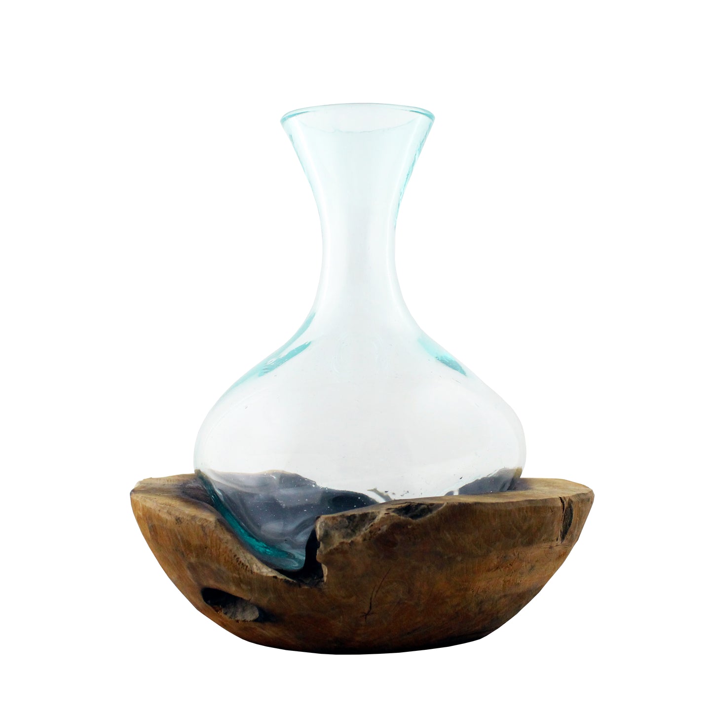 Hand Blown Glass Vase & Decanter on Teak Wood Base