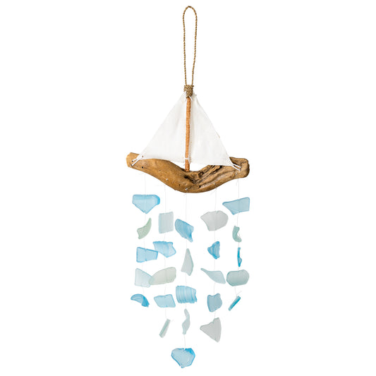 Driftwood & Fabric Boat Upcycled Glass Chime