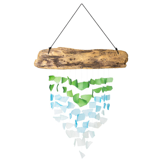 Driftwood & Upcycled Glass Chime - Aqua, Turquoise, Green