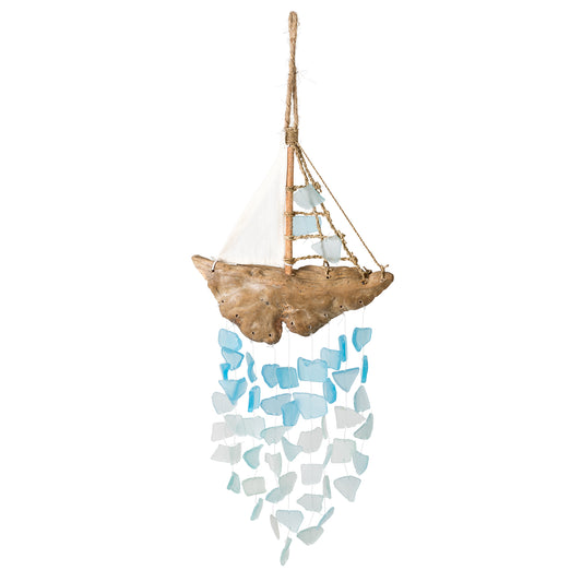 Driftwood Sailboat with Upcycled Glass Chimes - Aqua, Turquoise,