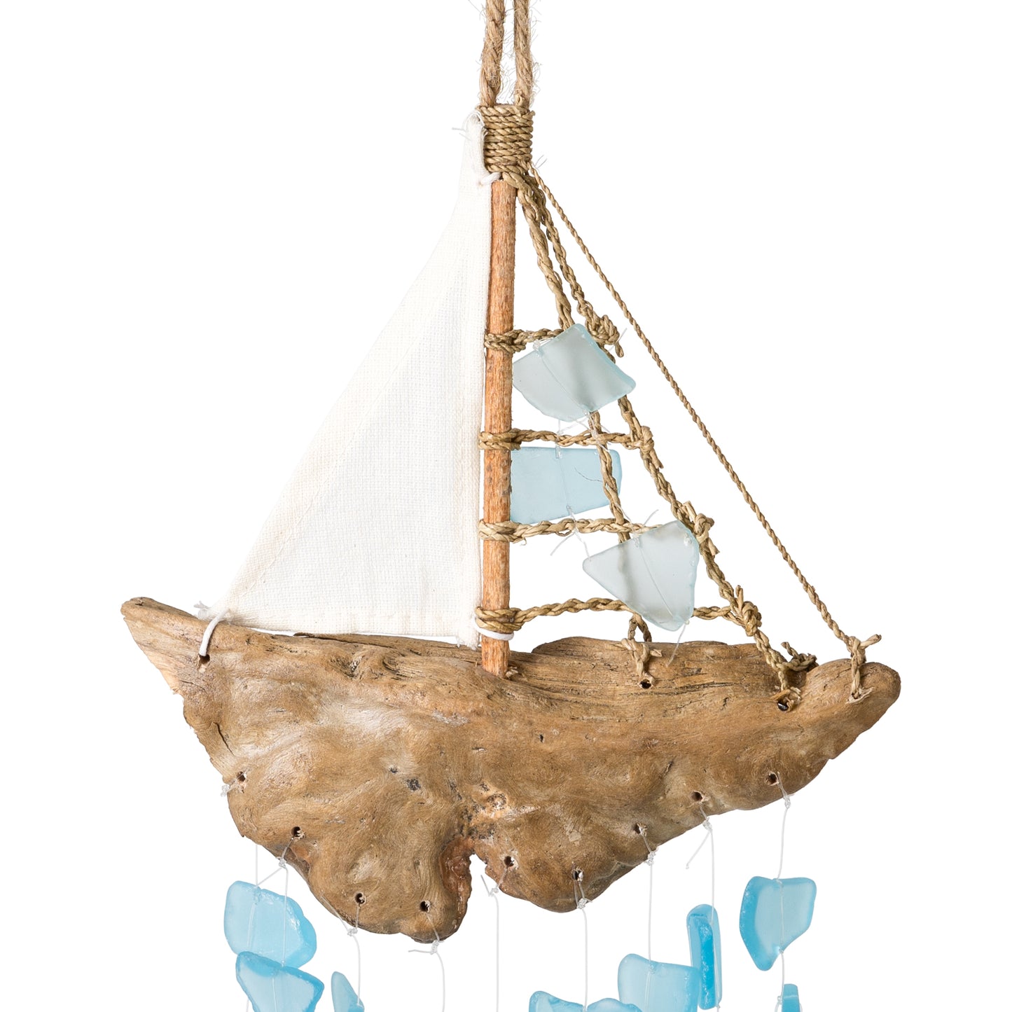 Driftwood Sailboat with Upcycled Glass Chimes - Aqua, Turquoise,