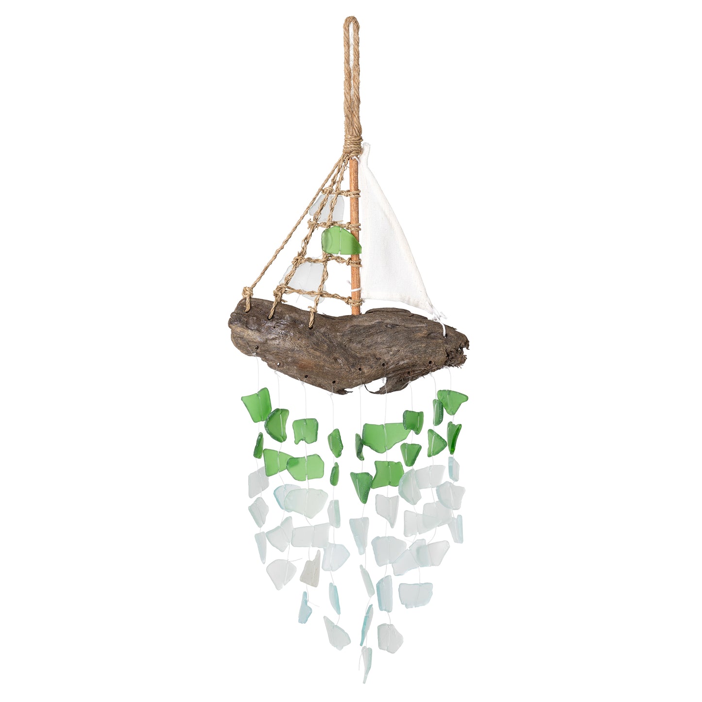 Driftwood Sailboat with Upcycled Glass Chimes - Aqua, Green