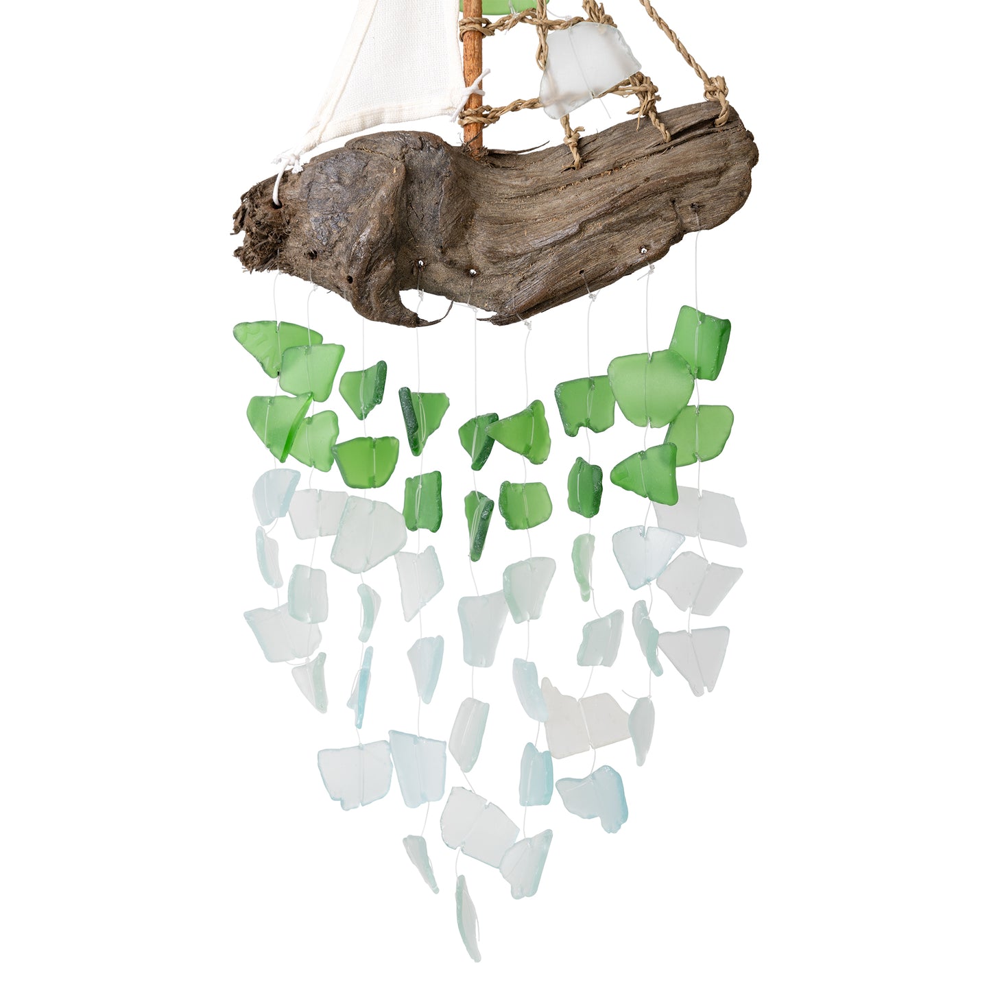 Driftwood Sailboat with Upcycled Glass Chimes - Aqua, Green