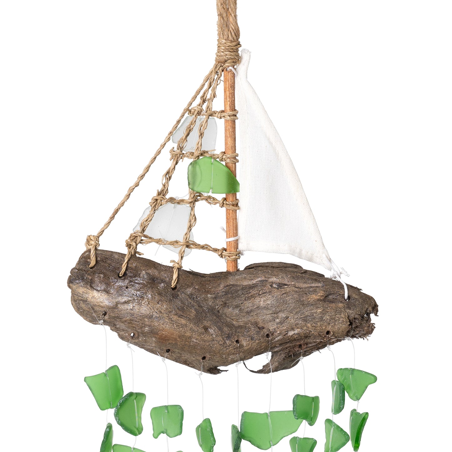 Driftwood Sailboat with Upcycled Glass Chimes - Aqua, Green