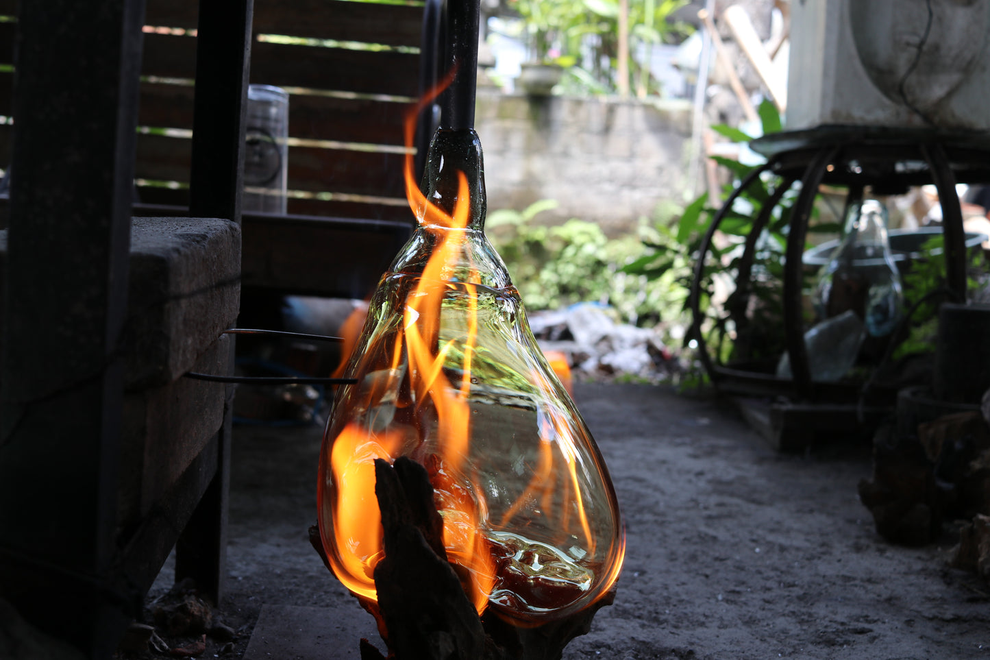 Medium Molten Glass Bowl on Gamal Wood Base