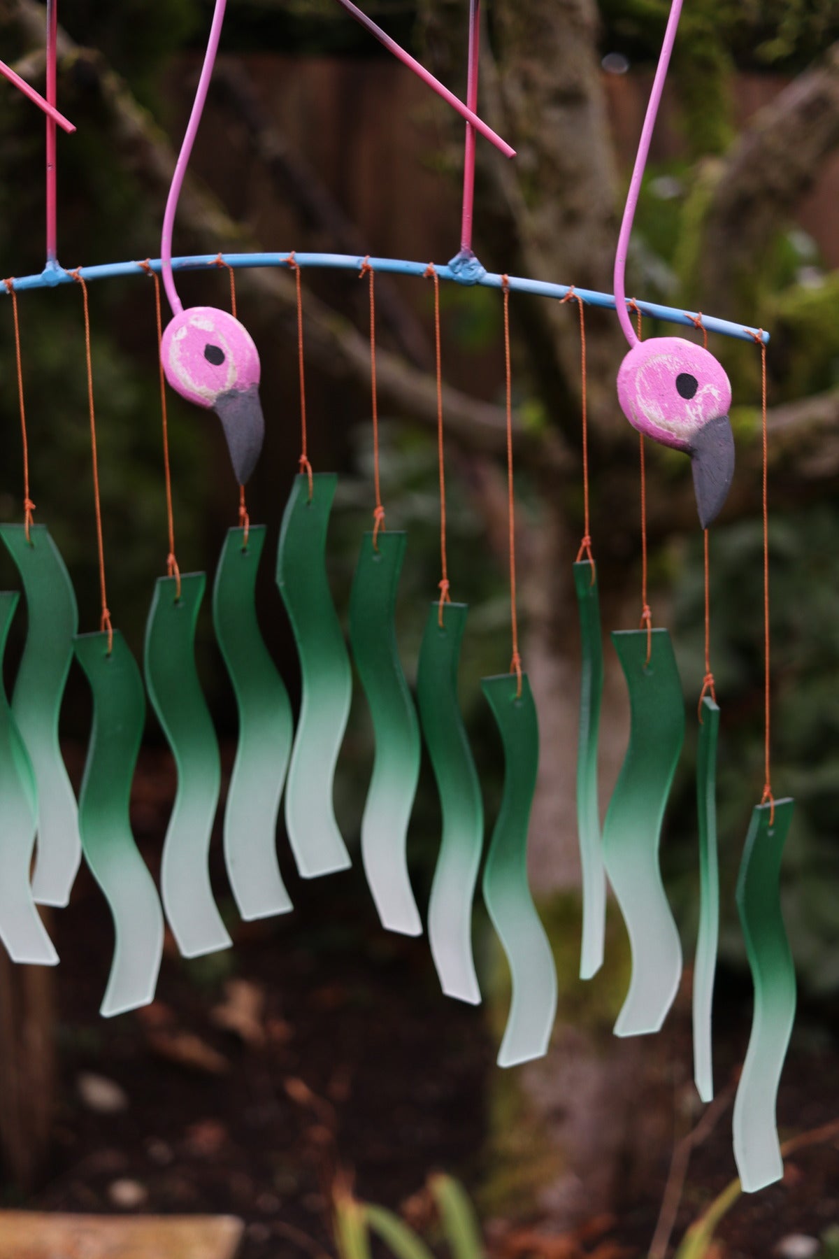 Double Pink Flamingo Tumbled Glass Wind Chime