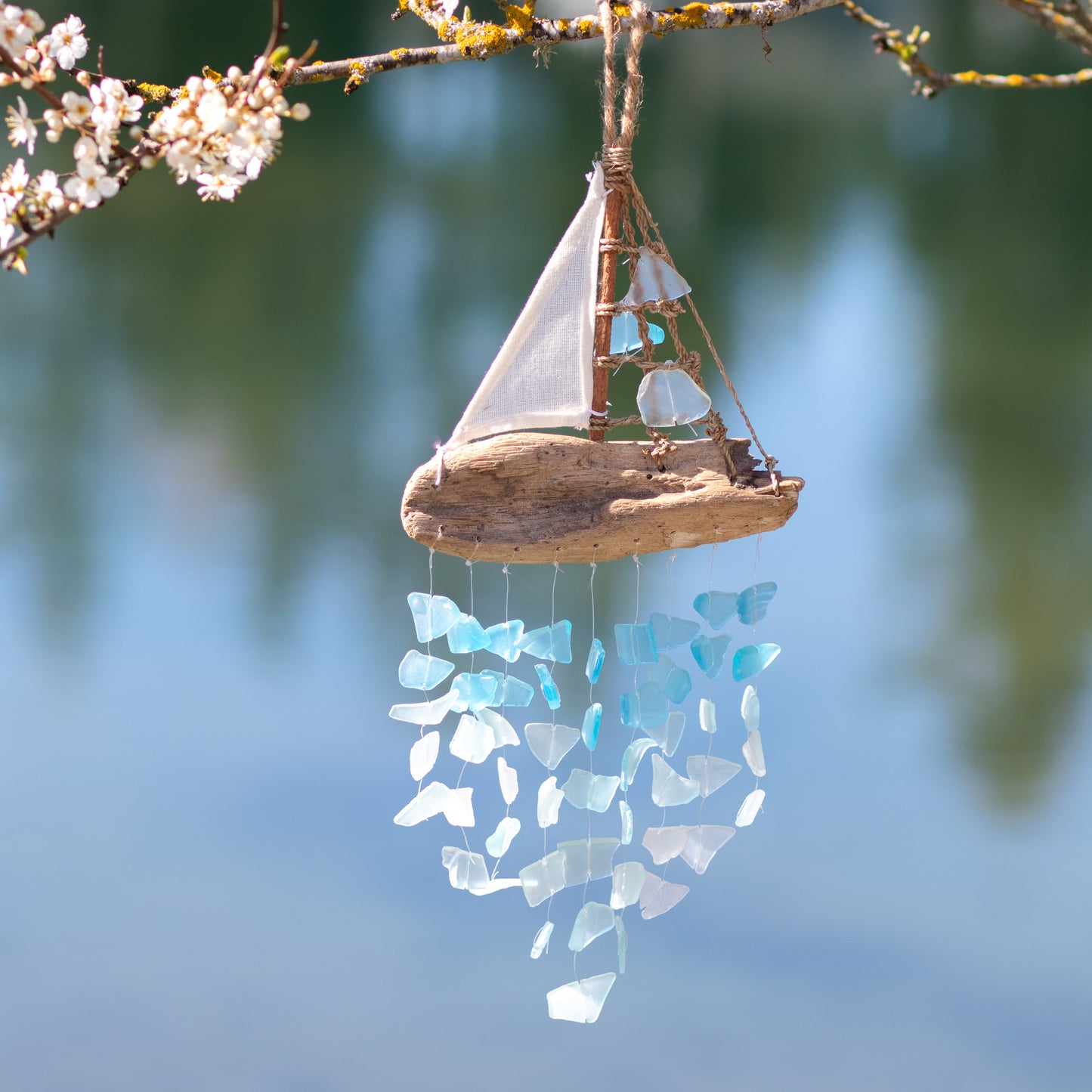 Driftwood Sailboat with Upcycled Glass Chimes - Aqua, Turquoise,