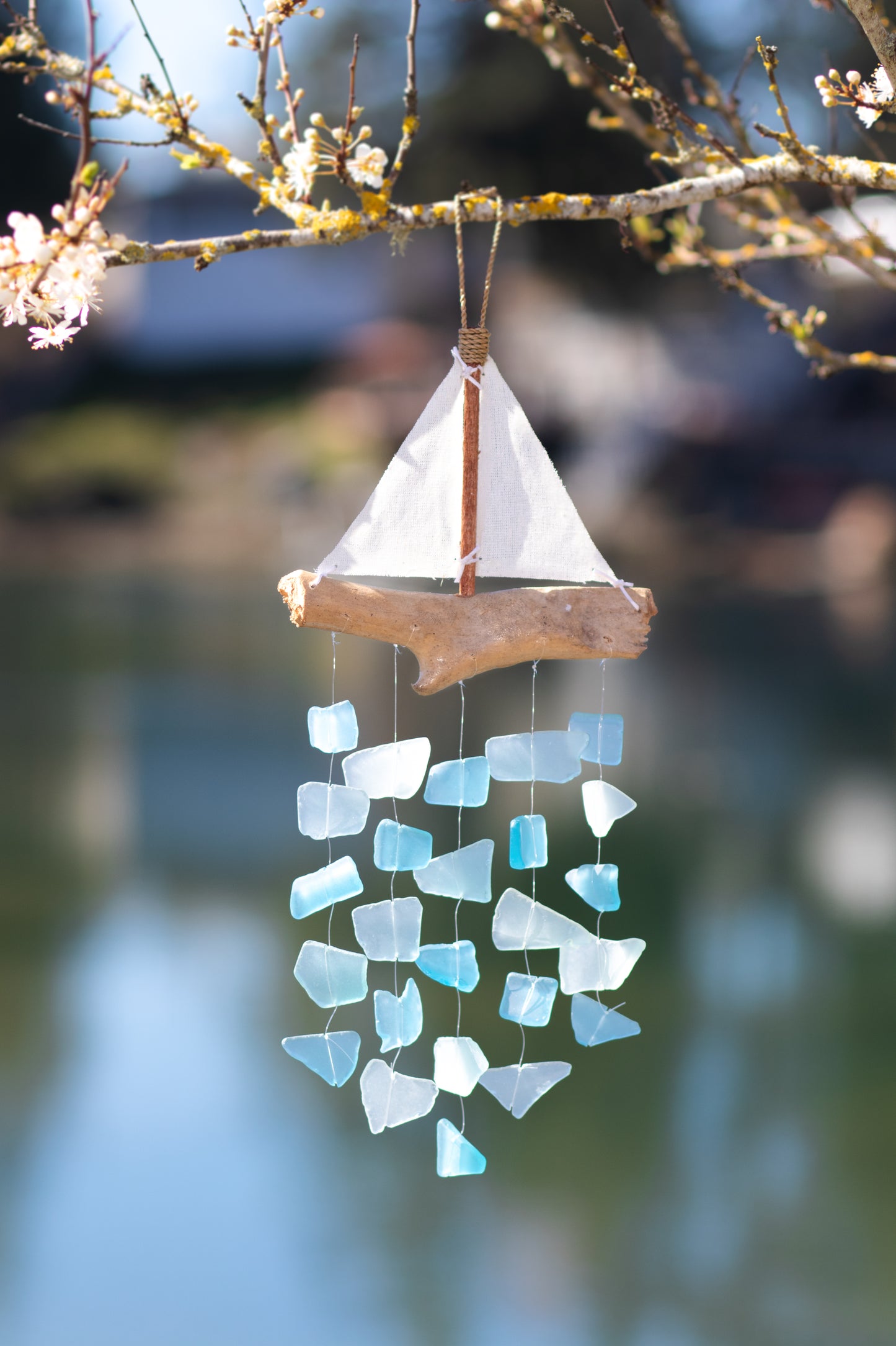 Driftwood & Fabric Boat Upcycled Glass Chime