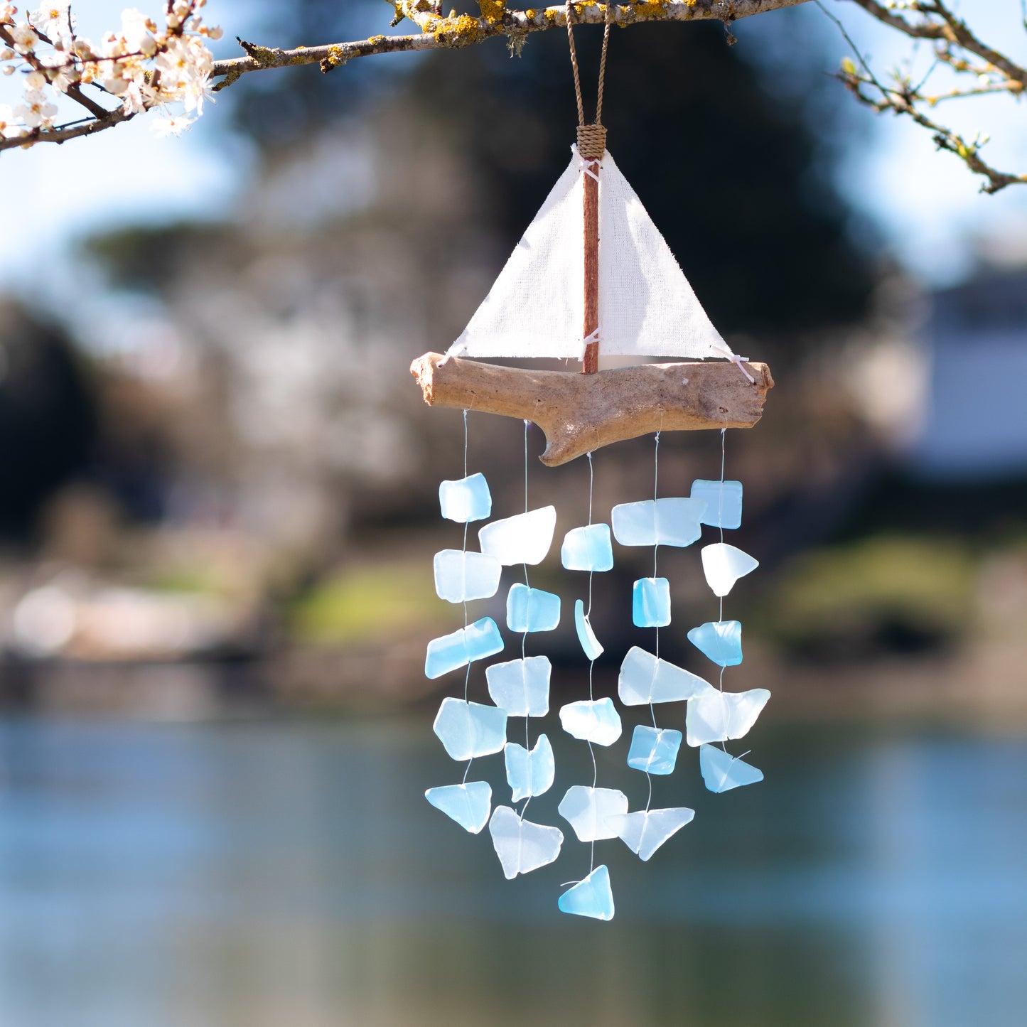 Driftwood & Fabric Boat Upcycled Glass Chime