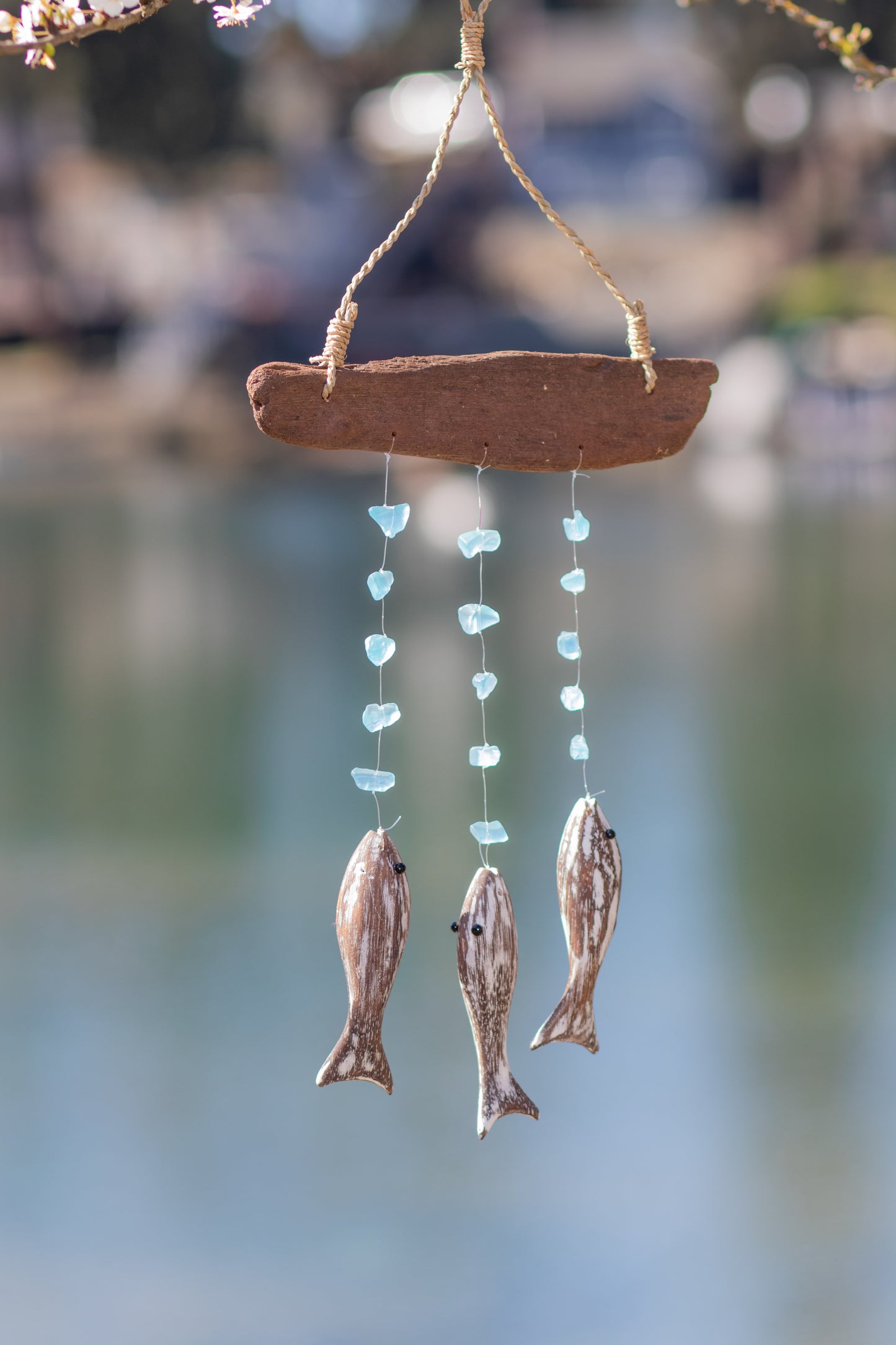 Three Fish Upcycled Driftwood & Glass Bead Chime