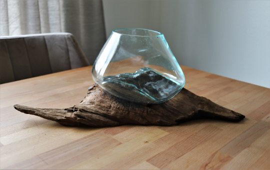 Large Molten Glass Bowl on Teak Wood Base