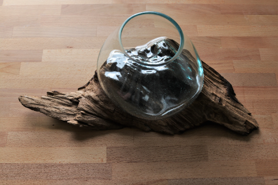 Large Molten Glass Bowl on Teak Wood Base