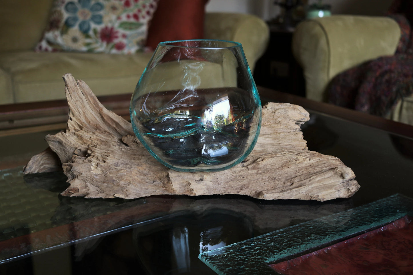 30cm Molten Glass Bowl on Teak Wood Base