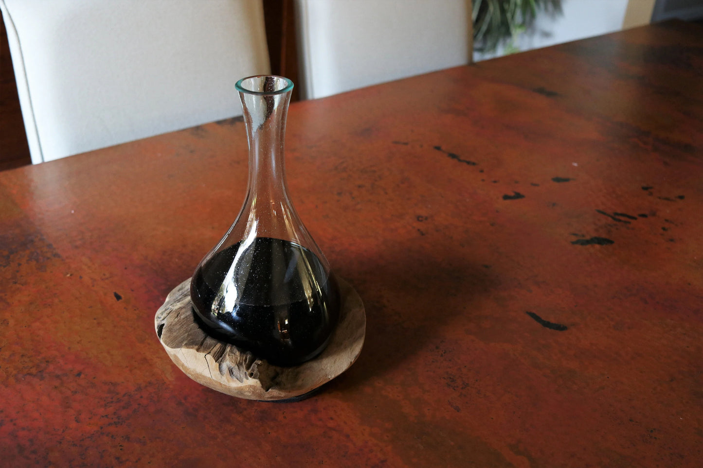 Hand Blown Glass Vase & Decanter on Teak Wood Base