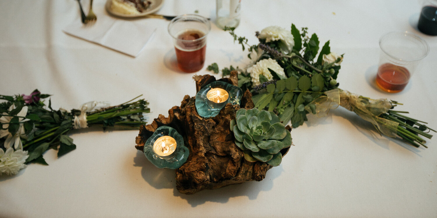 Triple Molten Glass Candle Holder on Gamal Root Base