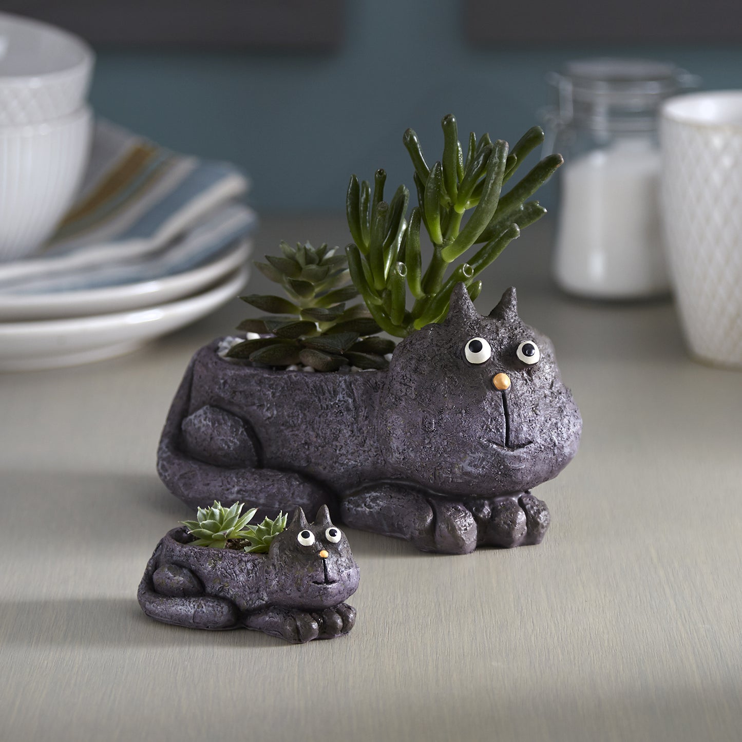 Violet Cat Mom & Baby Planters, Set of 2